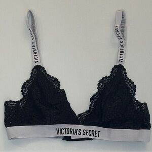 Victoria's Secret Black Lace Triangle Bralette with White Logo Straps Size Small